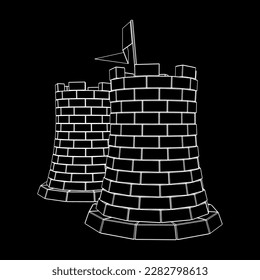 Castle knight tower. Medieval ancient fortress with banner flag. Wireframe low poly mesh vector illustration