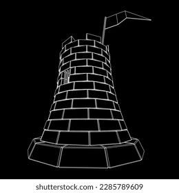 Castle knight tower. Medieval ancient fortress with banner flag. Wireframe low poly mesh vector illustration