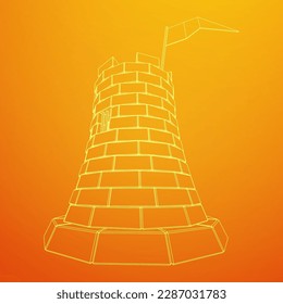 Castle knight tower. Medieval ancient fortress with banner flag. Wireframe low poly mesh vector illustration