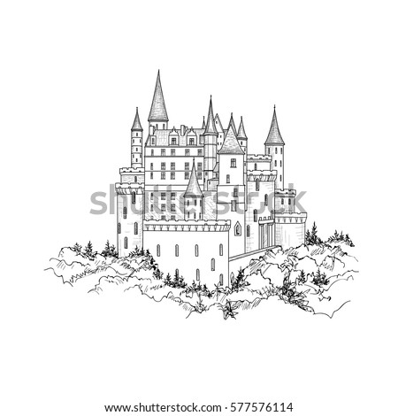 Castle landmark sketch illustration. Medieval palace building on the hill. Engraved landscape