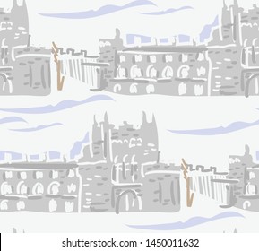 castle landscape abstract outdoor seamless pattern soft color vector