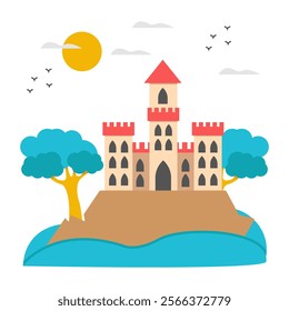 Castle landscape icon in flat design