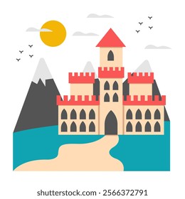 Castle landscape icon in flat design