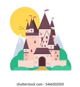 Castle with landscape on white background. Cut out illustration with palace, mountains, trees and forest. Vector illustration flat.