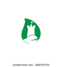 Castle and leaf drop shape concept logo design. Tower and eco symbol or icon. Nature Castle logo designs concept vector