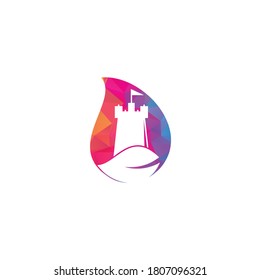 Castle and leaf drop shape concept logo design. Tower and eco symbol or icon. Nature Castle logo designs concept vector