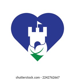 Castle with leaf and heart icon vector logo. Nature Castle logo designs concept vector.