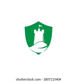 Castle and leaf shield shape concept logo design. Tower and eco symbol or icon. Nature Castle logo designs concept vector	