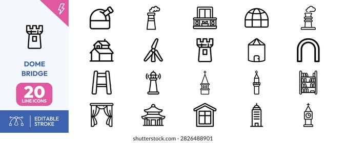 Castle, lighthouse, pagoda, tower, dome, archway, church spire, clock tower, wmill, and and curtain for heritage and architectural design applications.