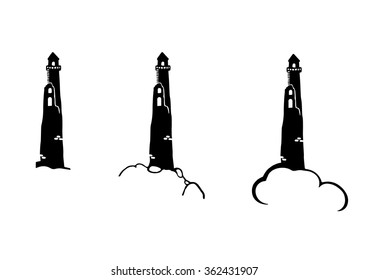 Castle lighthouse tower on rock on cloud black and white silhouette isolated object
