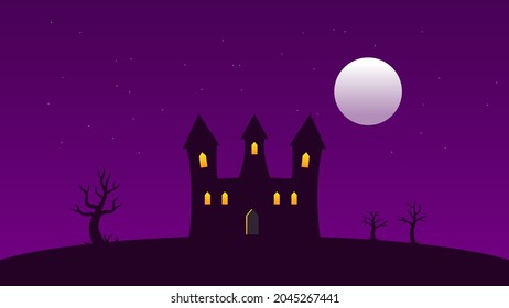 castle with lighting window on hills with trees and full moon and sparkling white star on dark sky. landscape cartoon scene with copy space fr decoration. vector illustration  