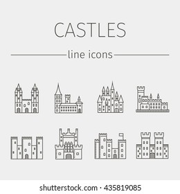 Castle line icons set. Medieval castle, tower, royal, fort, knight, kingdom, fortress. Thin line icon. Vector illustration.