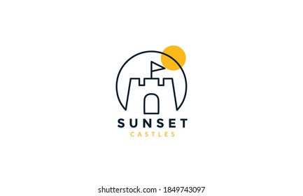 castle line outline with sunset simple logo vector icon illustration