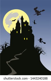 Castle lit by the full moon and witches flying on a broomstick
