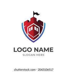 castle logo design with 3d red and blue color style