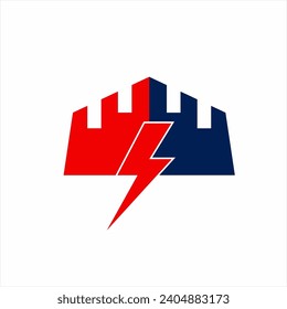Castle logo design with lightning symbol.