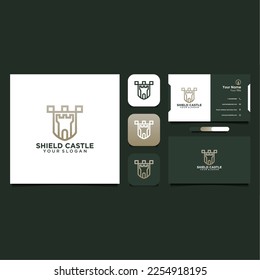 castle logo design with shield and line art