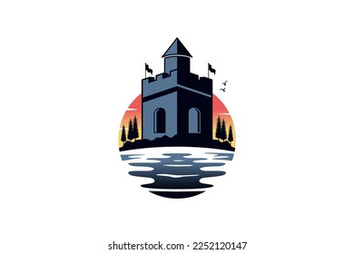 Castle logo design with sunset and ocean background