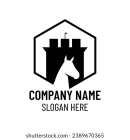 Castle logo design template with horse negative space