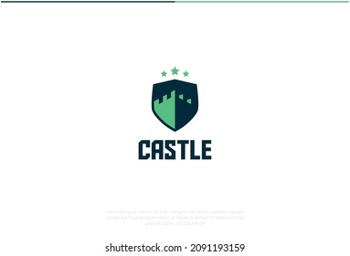 Castle Logo Design. Vector Logo Template. A kingdom shield of a vintage medieval and classic castle fortress with three stars on the top. A royal and superior real estate house crest symbol representi