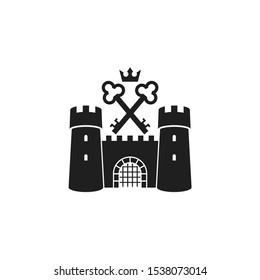 Castle logo. Isolated castle with keys and crown. Old citadel