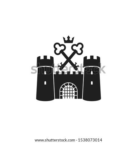 Castle logo. Isolated castle with keys and crown. Old citadel
