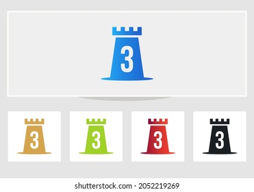 Castle Logo On Letter 3. Castle King Logo Design Initial 3 Letter Concept Vector Template