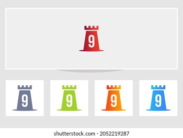 Castle Logo On Letter 9. Castle King Logo Design Initial 9 Letter Concept Vector Template