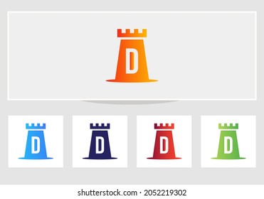 Castle Logo On Letter D. Castle King Logo Design Initial D Letter Concept Vector Template