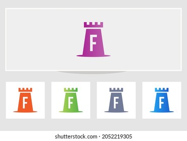 Castle Logo On Letter F. Castle King Logo Design Initial F Letter Concept Vector Template