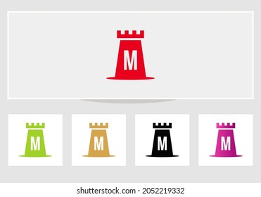 Castle Logo On Letter M. Castle King Logo Design Initial M Letter Concept Vector Template