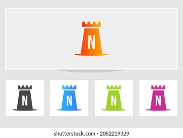 Logo Del Castillo En La Letra N. Diseño del logotipo Castle King Plantilla inicial N Concepto de letra Vector