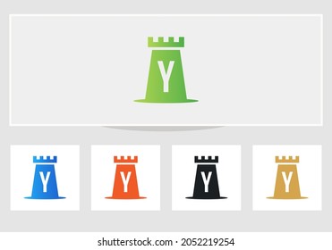 Castle Logo On Letter Y. Castle King Logo Design Initial Y Letter Concept Vector Template