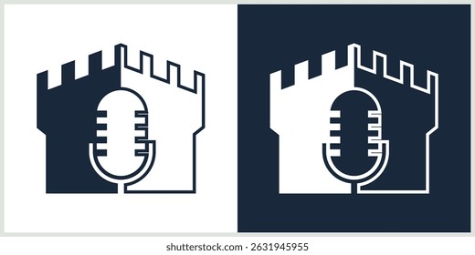 castle logo with podcast microphone line abstrack vector