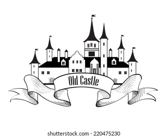 Castle logo. Retro vector label of landmark.