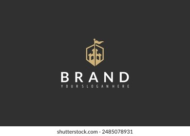 castle logo with shield shape combination in gold flat design style