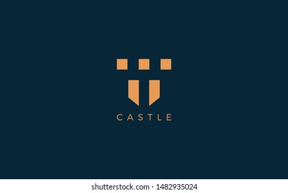 Castle logo with simple shape forms negative space of letter T 