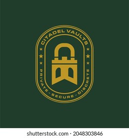 Vorlage für das Schloss-Logo, Logo des Citadel-Vault, Logo des Vintage Castle, mit einer Kombination aus Symbol speichern, Symbol sperren und Symbolzeichen des Citadel-Symbols. Vintage Style Vektorgrafik