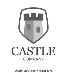 Castle logo tower in shield. Company emblem fortress architecture silhouette, protect systems. Logotype template.