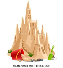 Castle made of sand isolated on white background. Vector cartoon close-up illustration.