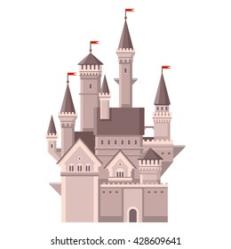 Castle. Magic Fairy Tale Building with Red Flags. Vector