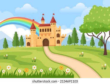 Castle with Majestic Palace Architecture and Fairytale Like Forest Scenery in Cartoon Flat Style Illustration