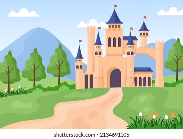 Castle with Majestic Palace Architecture and Fairytale Like Forest Scenery in Cartoon Flat Style Illustration