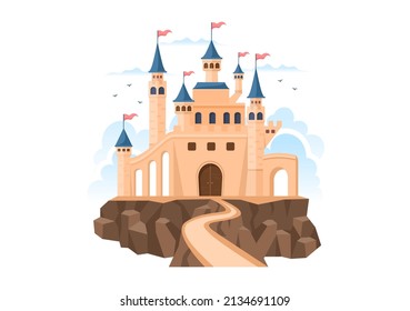 Castle with Majestic Palace Architecture and Fairytale Like Forest Scenery in Cartoon Flat Style Illustration