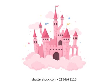 Castle with Majestic Palace Architecture and Fairytale Like Scenery in Cartoon Flat Style Illustration