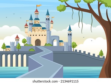 Castle with Majestic Palace Architecture and Fairytale Like Forest Scenery in Cartoon Flat Style Illustration