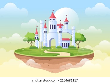 Castle with Majestic Palace Architecture and Fairytale Like Forest Scenery in Cartoon Flat Style Illustration