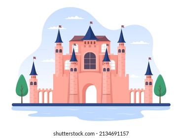 Castle with Majestic Palace Architecture and Fairytale Like Forest Scenery in Cartoon Flat Style Illustration