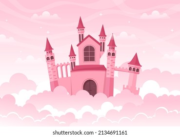 Castle with Majestic Palace Architecture and Fairytale Like Scenery in Cartoon Flat Style Illustration