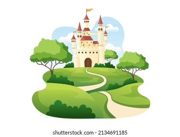 Castle with Majestic Palace Architecture and Fairytale Like Forest Scenery in Cartoon Flat Style Illustration